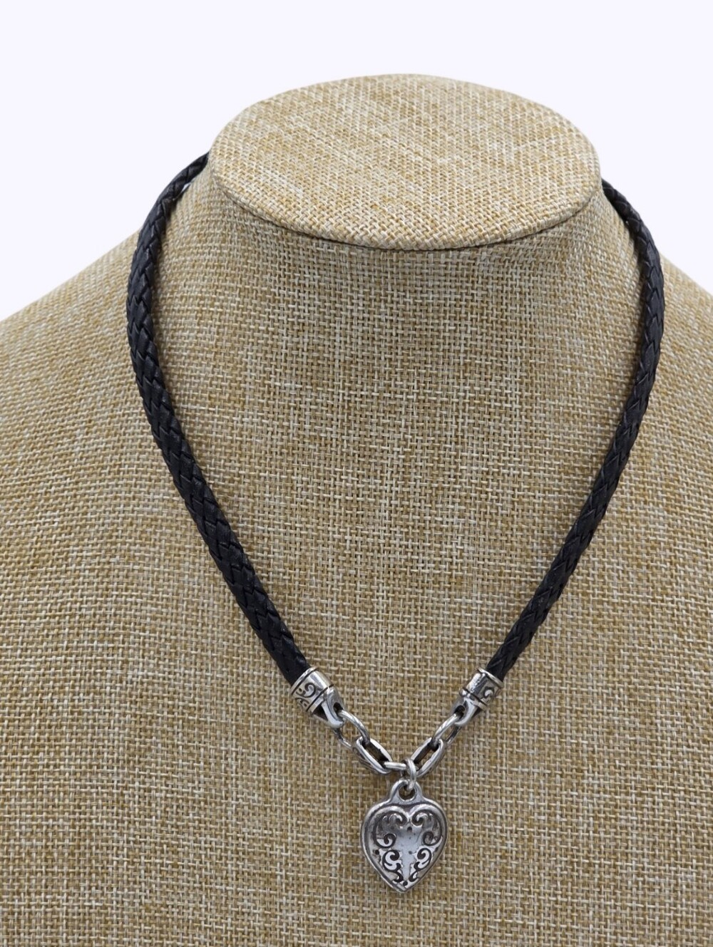 Brighton Braided Black Leather‎ Heart Pendant Necklace Silver Tone Scrollwork